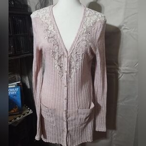 Miss Me Embellished Beaded Lace Blush Heathered  Long Duster Cardigan Sz L